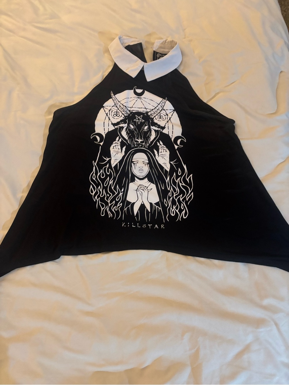 Killstar Black Tank Top with White Peter Pan Collar and Occult Graphic